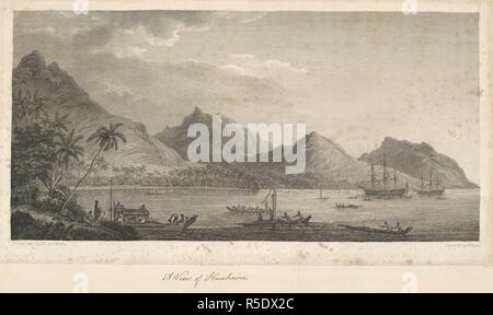 View of Huaheine, drawn from nature by John Webber and engraved by W. Byrne. A view of Fare Harbour. In the bay are the `Resolution' and the `Discovery', and many native craft. Palm trees are at the left. By the shore a group of natives are tending a double canoe with a deck-house. In the background and along the shore are native huts. On the far left is Mount Turi. A collection of drawings by A. Buchan, S. Parkinson, and J. F. Miller, made in the Countries visited by Captain James Cook in his First Voyage [1768-1771], also of prints published in John Hawksworth's Voyages of Biron [Byron], Wal Stock Photo